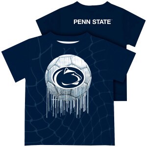 navy youth performance short sleeve tee dripping soccer ball with Penn State Athletic Logo